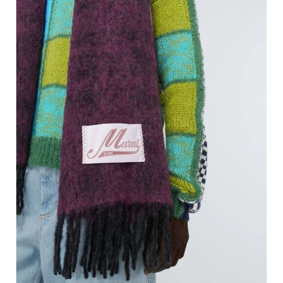 MARNI Brushed Wool Mohair Oversized Check Scarf Purple Black Fringe ITALY 100x30 - Picture 5 of 12